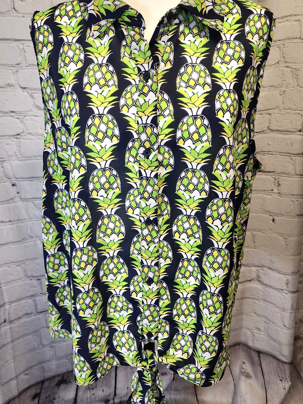 Banana Republic Navy & Lime Pineapple Tie-Front Shirt